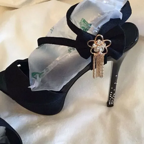 BLACK STILETTOS WITH JEWELED HEELS IN SIZE 39 - Picture 5 of 14